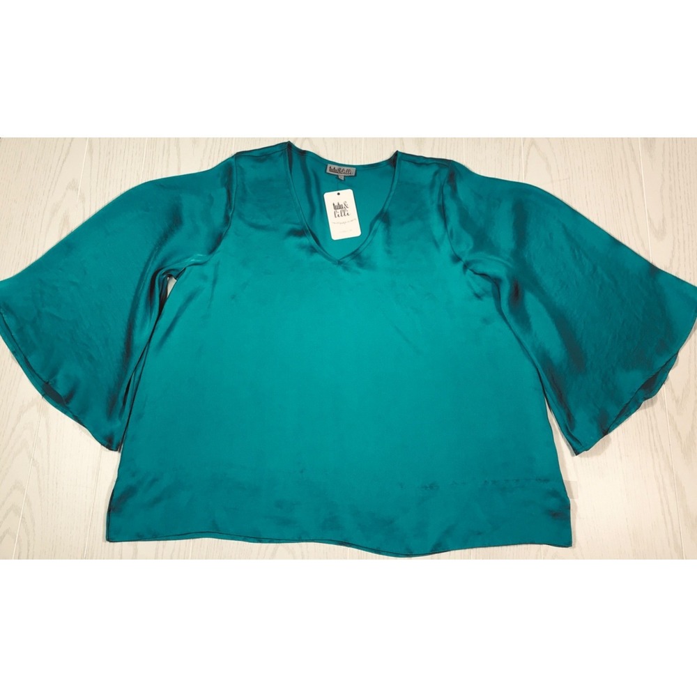 Tutu & Lilli Blouse Top Women L Teal Green Flare Sleeve V-Neck Lightweight New
